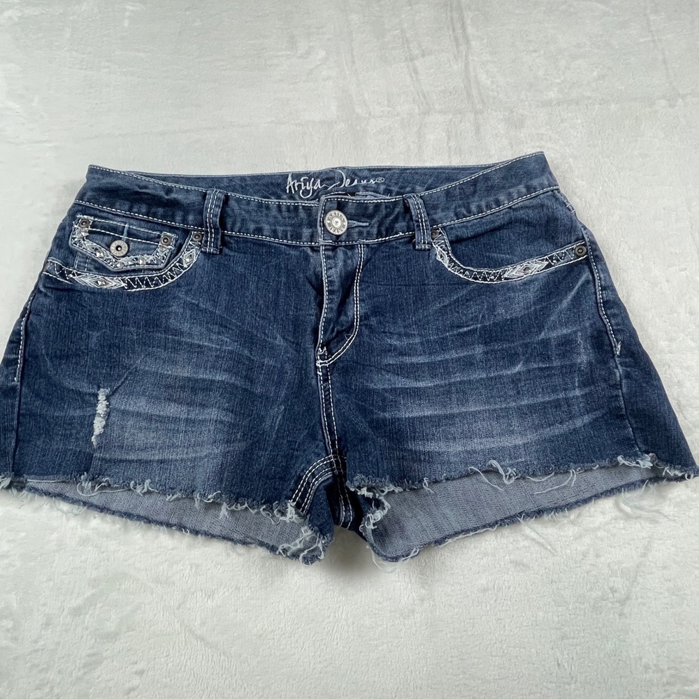 Ariya Jeans Womens 15/16 Dark Wash Distressed Embellished Denim Cut Off Shorts